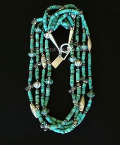 Turquoise Heishi 4-Strand Necklace with Crystal, Czech Glass and Sterling Silver Southwest Design, Hill Tribe Silver, Green Hues, Color Depth, Toggle Clasp, Strand Necklace, Sterling Silver Bead, Blue And Green, Silver Beads