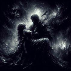 a man and woman sitting on top of each other in the middle of a dark forest