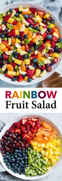 rainbow fruit salad in a white bowl with the words rainbow on top and below it