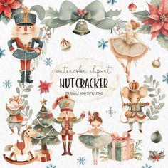 the nutcracker is surrounded by christmas decorations and other holiday decorating items in watercolor