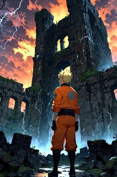 an anime character standing in front of a castle with lightning coming from the sky behind him