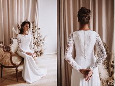 a woman in a white wedding dress sitting on a chair