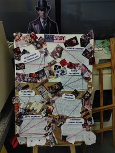 a poster with many different things on it in front of a wooden chair and table