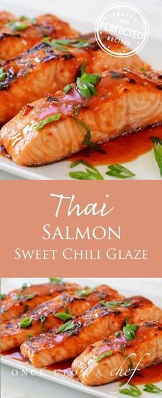 thai salmon with sweet chili glaze on the side and another image in the background