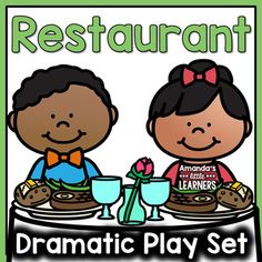 two children sitting at a table with food on it and the words restaurant dramatic play set