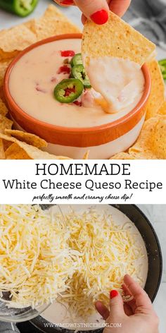 homemade white cheese quesadilla dip recipe in a bowl with tortilla chips