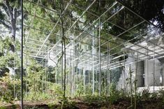 the inside of a glass house surrounded by trees