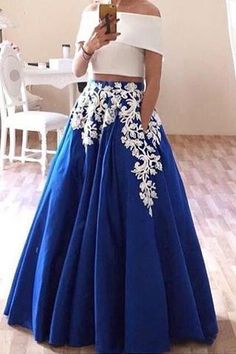 Blue Formal Dresses, Gowns Blue, Two Piece Prom Dress, Prom Dresses Off The Shoulder, Two Piece Prom, Off Shoulder Evening Dress, Royal Blue Prom Dresses, Blue Dress Formal, Piece Prom Dress