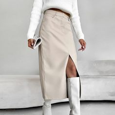 Long Beige Skirt, Midi Leather Skirt, Black Wrap Skirt, Pu Leather Skirt, Beige Skirt, Zipper Dress, Stil Elegant, Vintage Rock, Woman Silhouette