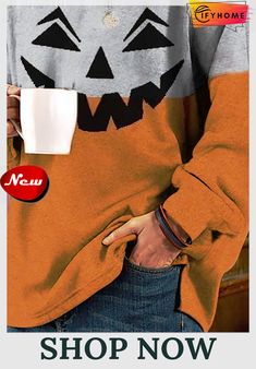 Halloween Casual Sweatshirt Spooky Long Sleeve Sweatshirt For Winter, Halloween Crew Neck Sweater, Spooky Orange Long Sleeve Tops, Orange Long Sleeve Spooky Top, Orange Crew Neck Top For Winter, Spooky Fall Crew Neck Tops, Spooky Crew Neck Tops For Fall, Spooky Long Sleeve Sweatshirt For Fall, Casual Orange Tops For Halloween