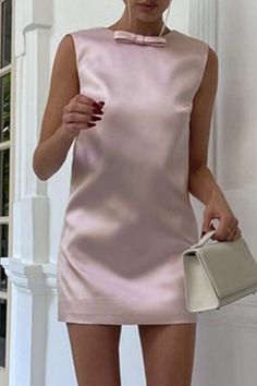 Details: Material: Polyester, Satin Style: Sweet, Elegant Pattern Type: Solid Element: Backless, With Bow Neckline: O Neck Silhouette: One Step Skirt Sleeve Length: Sleeveless Fit Type: Loose Clothing Length: Short Type: Solid Color Size(in) Bust Waist Hips Dresses Length S 16.5 29.1 37.4 30.7 M 17.3 30.7 39 31.9 L 18.5 33.1 41.3 32.7 Tips: Due to the many variations in monitors, the color in the image could look slightly different, please take physical design and color shall prevail. Please allow 0.4"-1" differs due to manual measurement. Solid Satin Sleeveless Summer Dress, Chic Pink Solid Color Mini Dress, Feminine Solid Color Mini Dress For Party, Chic Solid Color Sheath Mini Dress, Chic Sheath Mini Dress In Solid Color, Chic Solid Color Mini Sleeveless Dress, Party Sheath Mini Dress, Solid Satin Mini Dress For Summer, Solid Color Sleeveless Mini Dress For Evening