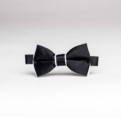 Satin Black & White Trim Bow Tie - Women’s Tuxedo Suits | girls prom tuxedo | gal tux | Wedding Party, Bridesmaids Bow Tie Women, Tie Outfit, Tuxedo Accessories, Black Suit Wedding, White Bow Tie, Gray Trim, Black Tux, Black Bow Tie, Grey Trim