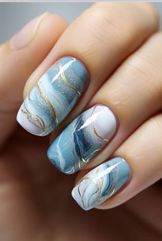 Spring French Tip Nails Square, Navy Marble Nails, Blue Marble Nails Short, Marble Dark Blue Nails, French Tip Nails With Flowers, Dark Blue And White Marble Nails, Blue Marble Nails Tutorial, Spring French Tip, Spring French Tip Nails