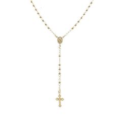 This gorgeous rosary  necklace features 18K gold-filled metal with an exquisite double-sided medal featuring an image of Santa Maria and a cross pendant on a beaded rosary necklace. This necklace can offer a meaningful symbol of devotion and faith. Its stunning design adds a touch of sophistication to any attire or even as a gift for a loved one.  Water proof- sweat proof-hypoallergenic Comes in a box gift ready. Length: 18" inches Metal:   18K Gold-filled Beads: 3mm Chain width: 1mm Hypoallerge Gold Spiritual Rosary With Miraculous Medal, Adjustable Gold Cross Rosary, Adjustable Gold Rosary With Cross, Gold Crucifix Necklace With Miraculous Medal, Yellow Gold Rosary With Miraculous Medal As Gift, Adjustable Gold Crucifix Necklace, Gold Necklace With Miraculous Medal And Round Beads, Yellow Gold Cross Necklace With Miraculous Medal, Gold Crucifix Rosary For Jewelry Making