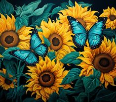 a painting of sunflowers with butterflies on them