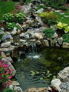 a small pond surrounded by rocks and flowers