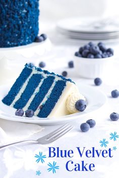 a blue velvet cake on a white plate