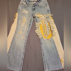 Super Fun Rework On This 100% Soft, Worn Cotton Jeans. Patched Holes With Waffle Thermo Material With Areo Logo. Lots Of Fray All Over. Added Flare From Tapestry Blanket Star Theme In Matching Off Yellow. Tag Reads Size 1 But Please See Photos For Exact Measurements Reworked Jeans, Patch Hole, Star Theme, Tapestry Blanket, Aeropostale Jeans, Cotton Jeans, Aeropostale, Blue Gold, Flare Jeans