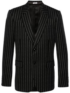 black/white wool twill weave pinstripe pattern notched lapels front button fastening long sleeves buttoned cuffs chest welt pocket two side flap pockets American rear vent straight hem full lining Pinstripe Pattern, Tuxedo Suit, Twill Weave, Breasted Blazer, Summer Beach Wear, Blazers For Men, Blazer Buttons, Sweaters Knitwear, Wool Blazer