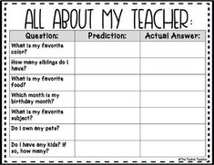 an all about my teacher worksheet for students to practice their writing skills and reading