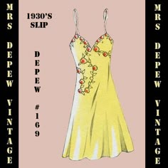 a yellow dress with flowers on it and the words miss slip written in black below