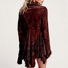 Lacey Suede Jacket Black Or Burgundy Preferred Unsure What Size M - Xl Bohemian Fitted Leather Jacket For Fall, Bohemian Long Sleeve Leather Jacket For Fall, Bohemian Long-sleeve Leather Jacket For Fall, Chic Beige Leather Jacket With Long Sleeves, Bohemian Fitted Leather Jacket For Winter, Winter Leather Jacket For Layering With Long Sleeves, Long Sleeve Leather Jacket For Fall Layering, Ruffle Jacket, Romantic Boho