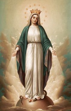 an image of the immaculate mary on top of a cloud filled sky with her arms outstretched