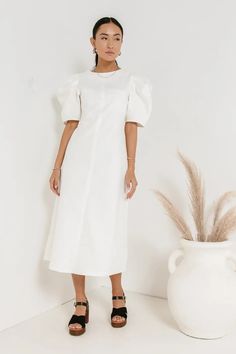 Midi white dress Tiered Midi Dress, Jewelry Model, Minimal Jewelry, Girly Outfits, Waist Length, Ruffle Dress, Chunky Heels, Puff Sleeves, Denim Dress