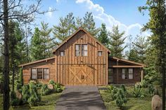 an artist's rendering of a rustic cabin style home with wood siding and windows