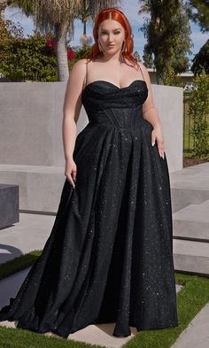 Simply stunning, this plus-size long glitter prom dress shimmers with every move you make. Whether you're attending prom, a gala, or another formal event, this plus-size glitter evening gown sparkles from the cowled sweetheart neckline to the hem. Crafted in soft glitter fabric, this plus-size evening gown has a trendy corset that wraps around to the back, while the sparkly long skirt flows to the floor in an a-line shape that flatters the figure. A captivating pick for your big formal, this plu Midsize Prom Dress, Plus Size Gala Dress, Plus Size Wedding Guest Dress, Plus Size Gowns Formal, Cute Bridesmaid Dresses, Prom Dresses Plus Size, Fitted Corset, Glitter Prom Dress, Cinderella Divine