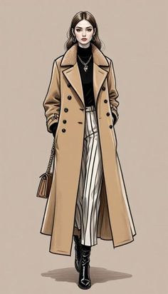 a drawing of a woman in a trench coat and striped pants, with her hand on her hip