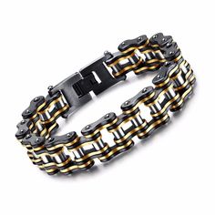 Black & Gold heavy biker chain bracelet for men by Innovato Design  Available in: Gold & Black 
Made of High Quality Titanium 
Brand: Innovato Design   Innovato offers 30 days to return no question asked and 365 days full guarantee of all products. Enjoy fast support and 100% satisfaction with each order. Here some additional pictures of the product: Black Box Chain Link Bracelet, Black Cuban Link Bracelet As Gift, Black Link Jubilee Bracelet, Black Chain Link Bracelet With Box Chain, Black Metal Cuban Link Bracelet, Black Link Chain Bracelet For Gift, Black Link Chain Bracelet As Gift, Durable Black Stainless Steel Chain Bracelet, Black Link Bracelets In Stainless Steel