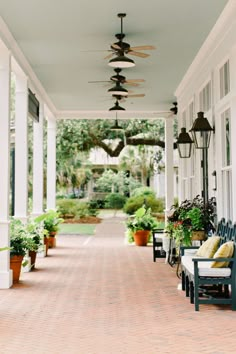 the porch is lined with potted plants and hanging lights over it's seating area