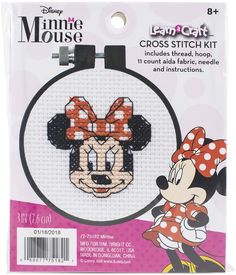 PRICES MAY VARY. Kit contains thread, 11 count white Aida, (1) 3'' hoop, (1) needle, and easy-to-follow instructions. Finished craft kit is 3''D This kids craft features the adorable Minnie Mouse with her classic red and white polka dot bow. This embroidery kit is the perfect craft for beginners. Hang up and display in your home or office! Minnie Mouse Cross Stitch, Mouse Cross Stitch, Minnie Mouse Head, Dimensions Cross Stitch, Diy Disney, Print Coupons, Disney Diy, Disney Crafts, Fabric Bolts