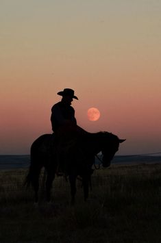 a man riding on the back of a horse at sunset