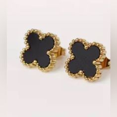 New Black Clover Stud Earrings Four-Leaf Clover Stainless Steel 14k Gold Plating Studs Size Is Shown On Pic Two As Example Of Sizing Only Only One Pair Of Black Earrings Will Be Sent. Matching Necklace And Bracelet Both Available In Closet Sold Separately Or Can Bundle All 3 For A Great Deal Tarnish Resistant Black Jewelry, Elegant Black Enamel Earrings For Gift, Black Elegant Earrings For Anniversary, Elegant Black Tarnish-resistant Earrings, Elegant Black 14k Gold Jewelry, Elegant Black Earrings For Anniversary, Elegant Gold Earrings With Black Enamel, Luxury Black Earrings For Gift, Luxury Black Jewelry