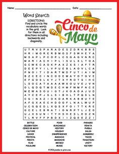 the word search for cinco de mayo is shown in this printable activity sheet