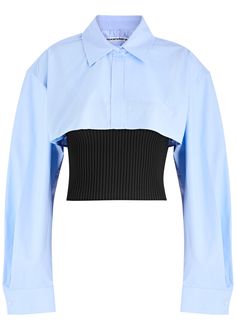 Find ALEXANDER WANG Cropped Layered Cotton Shirt on Editorialist. Info & Care Alexander Wang knitted top; Top: square neck, ribbed, cropped, slips on; Cotton-poplin shirt: dropped shoulders, balloon sleeves, button-fastening cuffs, box pleat at back, extreme cropped, button fastening at collar; 90% polyamide, 10% elastane; shirt: 100% cotton Dry clean; Size & Fit Length shoulder to hem: 16 inches/ 41cm; Shirt length shoulder to hem: 11 inches/ 28cm; Midweight; Slim fit, relaxed shirt Model is 5' Luxury Cropped Classic Shirt, Luxury Cropped Shirt, Luxury Chic Cotton Cropped Shirt, Luxury Cropped Cotton Shirt, Alexander Wang Top, Shirt Model, Cotton Poplin Shirt, Knitted Top, Top Top