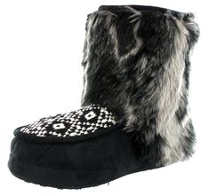 Dr Scholls Womens Gigi Booties SlippersSoft faux-fur and a contrasting knitted print on the vamp give the Gigi slipper booties from Dr. Scholl’s an extra dose of warmth and style. SHOE FEATURES Faux-fur cuff Fairisle print on vamp EVA fabric-covered outsole appropriate for indoor and outdoor wear SHOE CONSTRUCTION Faux-fur, faux-suede upper Faux-fur lining EVA, fabric outsole SHOE DETAILS Moc toe Slip-on Padded footbed Black Faux Fur Slippers With Round Toe, Black Faux Fur Slippers For Winter, Black Winter Indoor Slippers, Black Winter Slippers For Indoor Use, Slippers Fur, Dvs Shoes, Slip On Slippers, Cartoon Shoes, Running Sandals