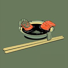 two sushi on a plate with chopsticks next to it and another piece of wood sticking out of the bowl