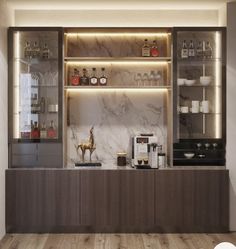 an elegant bar with marble counter tops and shelves