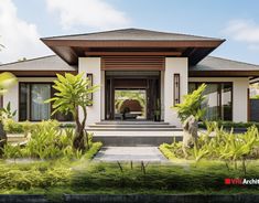 the front entrance to a modern home surrounded by tropical plants