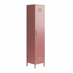 a tall pink metal locker sitting on top of a white wall