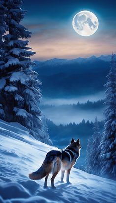 a wolf standing on top of a snow covered slope under a full moon sky with trees