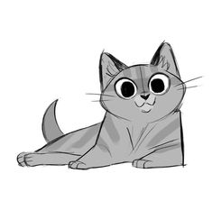 a drawing of a cat with big eyes sitting down and looking at the camera, on a white background