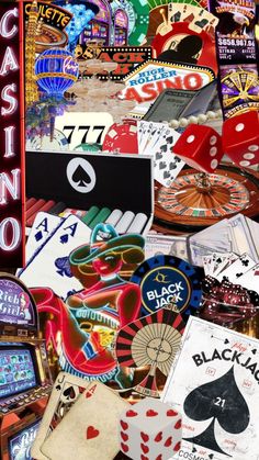 various casino cards and dices are scattered on the floor in front of a casino sign