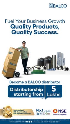 an advertisement for a company with a man pushing a cart full of boxes and other items