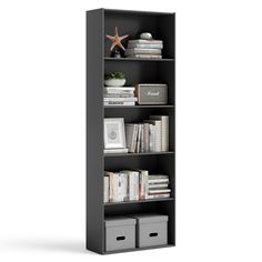 a black bookcase with four shelves filled with books