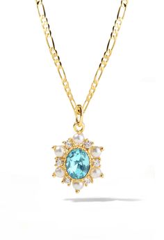 Necklace Details Design: Teal crystal with a halo of pearl and white crystals Pendant size: 13.6mm x 17mm Length: 16" chain + 3" extender Metal: 3x dipped 14k gold over hypoallergenic brass. High quality plating details below Crystals: 5A grade Oomiay cubic zirconia crystals, Exclusive Oomiay pearl crystals Teal Necklace, Crystals Pendant, Moonstone Crystal, White Crystals, Affordable Jewelry, Jewelry Plate, Jewelry Organization, Crystal Pendant, Crystal Jewelry