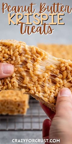 peanut butter krispie treats on a cooling rack with text overlay that reads, peanut butter krispies treats